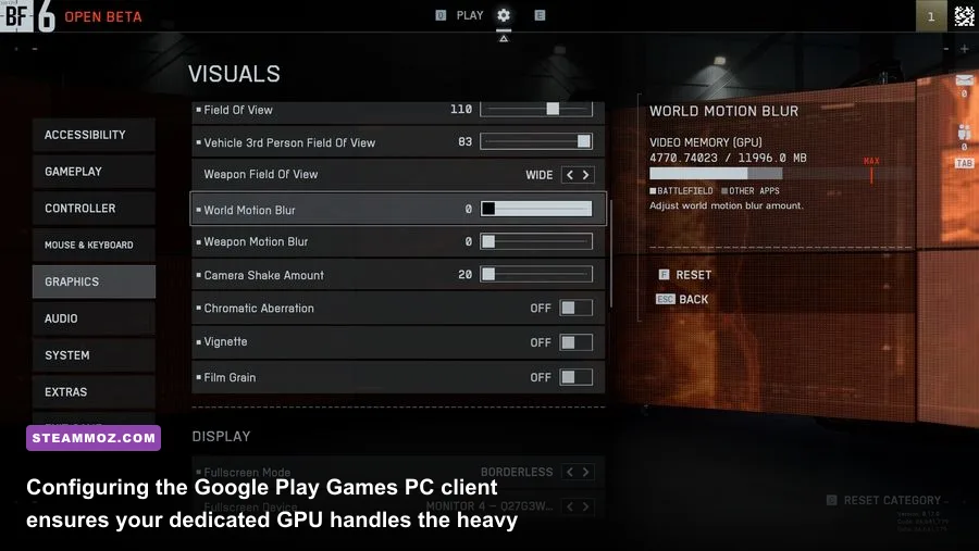 Google Play Games on PC settings dashboard showing display resolution