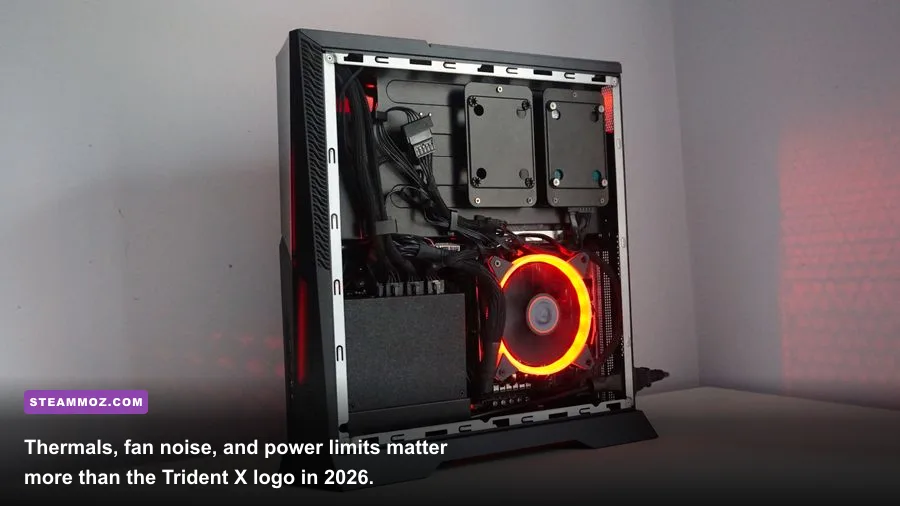 Temperature monitoring and performance testing setup for an MSI Trident X gaming PC