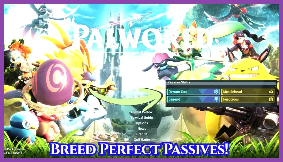 Palworld breeding farm with eggs displaying inherited passive skill traits.