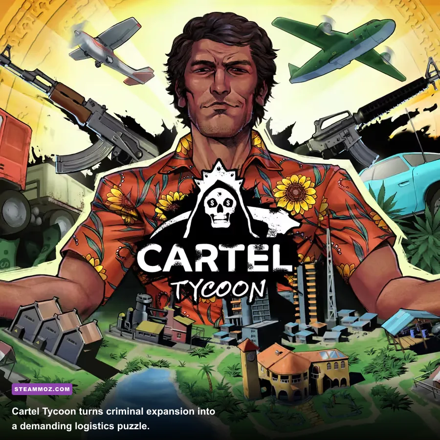 Cartel Tycoon territory map with cartel production and logistics buildings