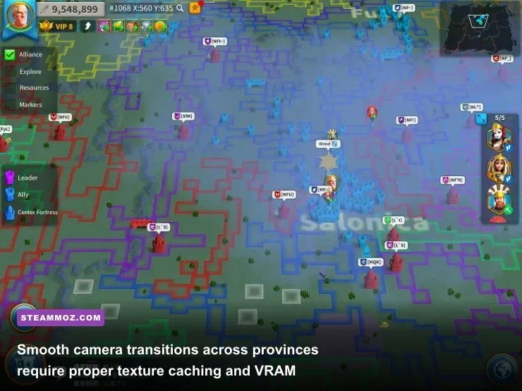 Zoomed out strategic map view in Rise of Kingdoms showing alliances and passes