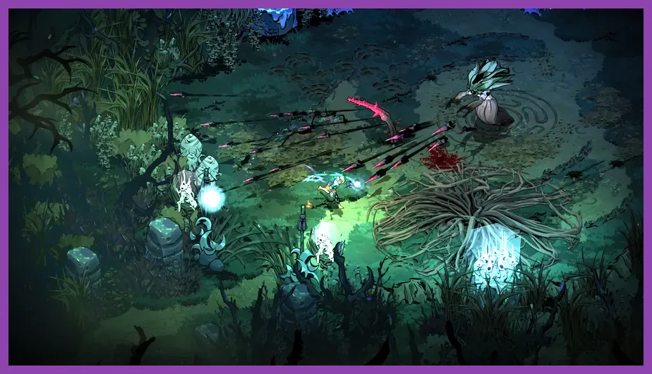 Melinoe battling enemies in the dark Erebus region of Hades 2