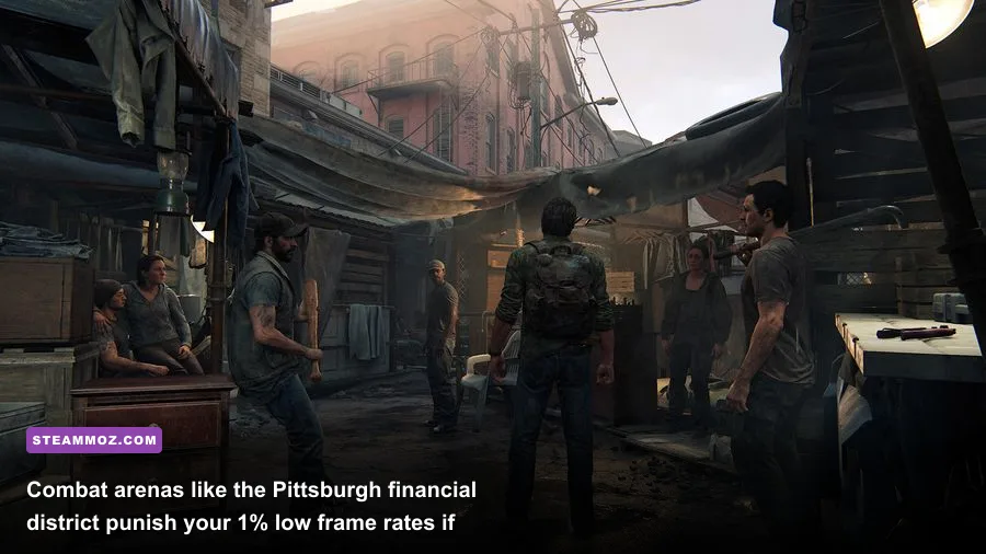 Intense combat sequence against hunters in Pittsburgh showcasing frame stability