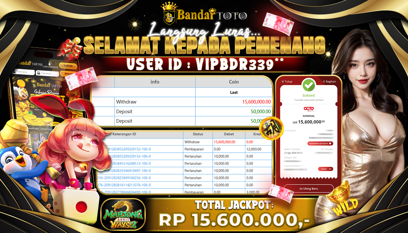 BANDARTOTO JACKPOT PG-MAHJONG WAYS 2 15,6 JUTA DIBAYAR LUNAS,-