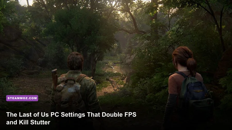 Joel and Ellie navigating the overgrown streets of Boston in The Last of Us Part 1 PC