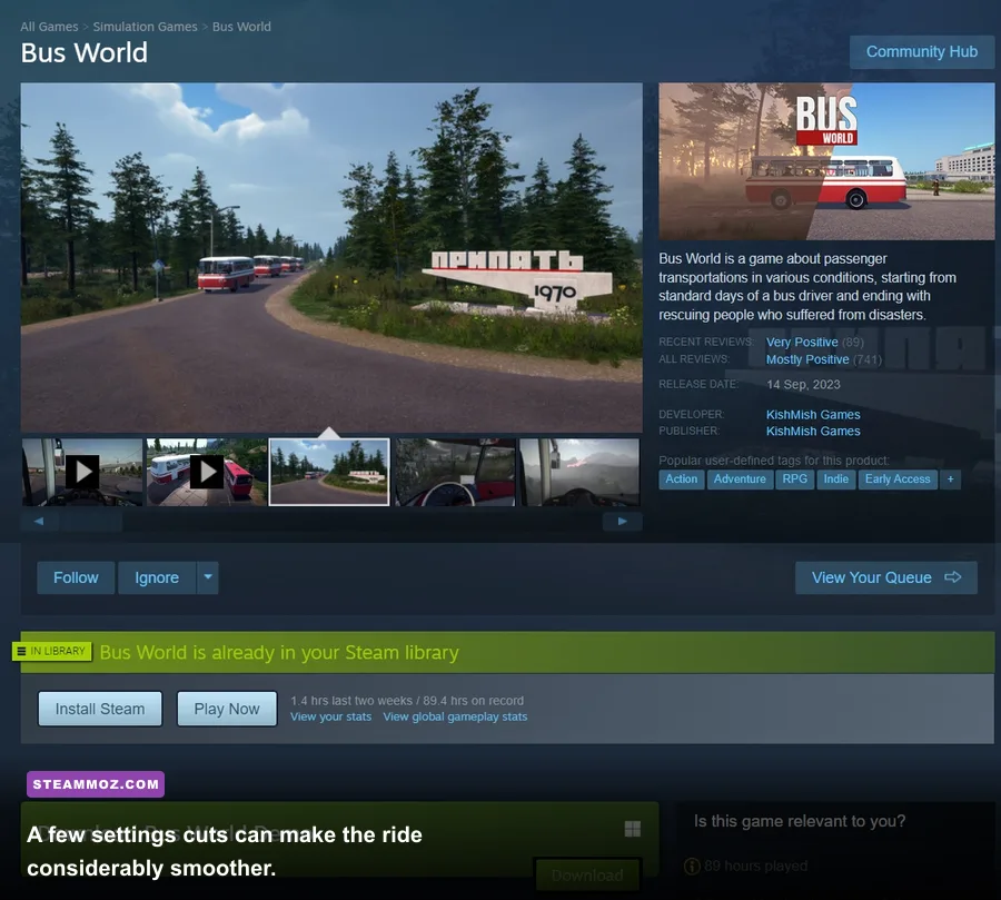 Bus World graphics settings and bus driving gameplay on PC