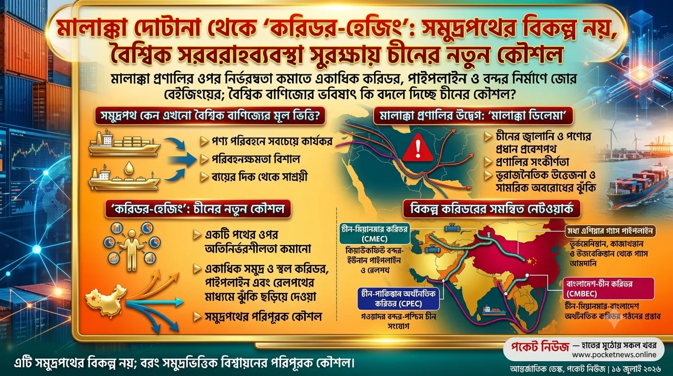 মালাক্কা দোটানা থেকে ‘করিডর-হেজিং’: সমুদ্রপথের বিকল্প নয়, বৈশ্বিক সরবরাহব্যবস্থা সুরক্ষায় চীনের নতুন কৌশল মালাক্কা দোটানা থেকে ‘করিডর-হেজিং’: সমুদ্রপথের বিকল্প নয়, বৈশ্বিক সরবরাহব্যবস্থা সুরক্ষায় চীনের নতুন কৌশল