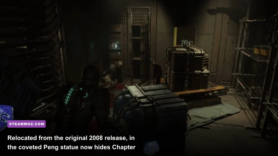 The golden Peng treasure statue tucked away behind crates in the Cargo Bay