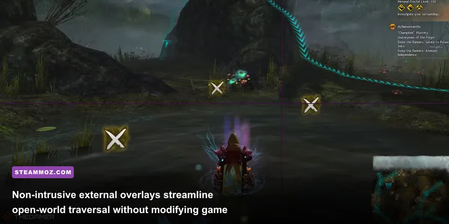 Blish HUD tactical pathing markers guiding player across open world terrain in Guild Wars 2