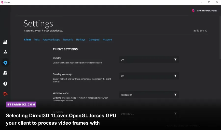Configuring Parsec client settings for hardware decoding and Direct3D 11 renderer