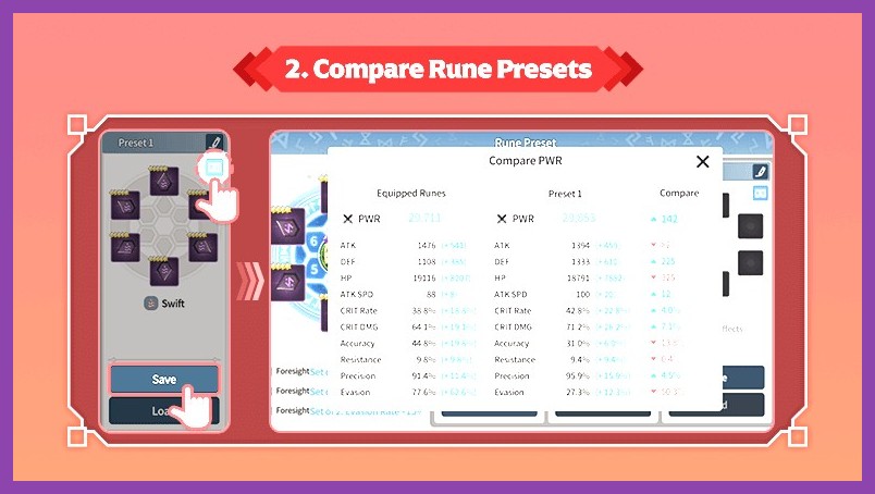 Monster equipment and rune configuration screen for Nat 5 units in Summoners War Chronicles