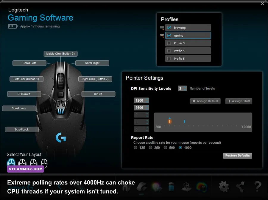 Gaming mouse driver configuration panel setting 1000Hz polling rate
