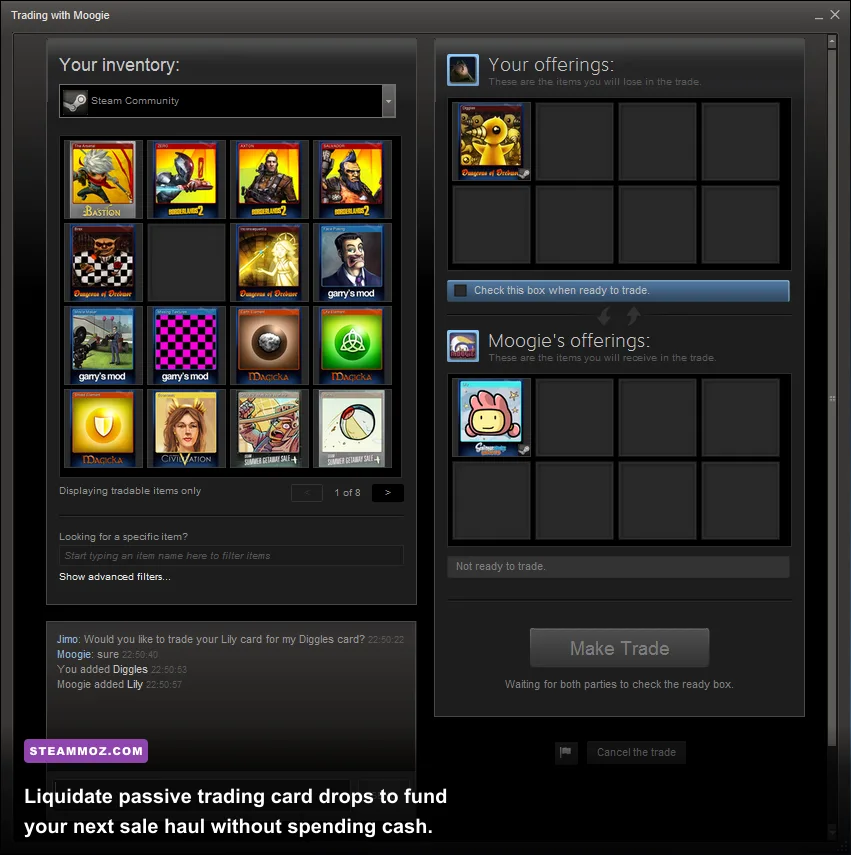Steam Community Market selling trading cards for wallet credit