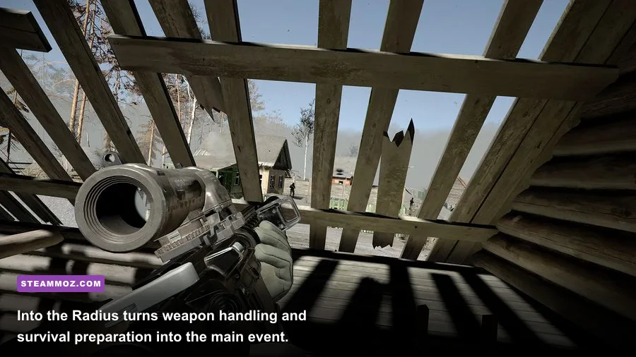Into the Radius VR player handling a rifle beside an open inventory backpack