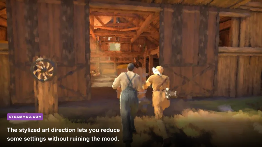 11-11 Memories Retold village environment rendered in its distinctive oil-paint style