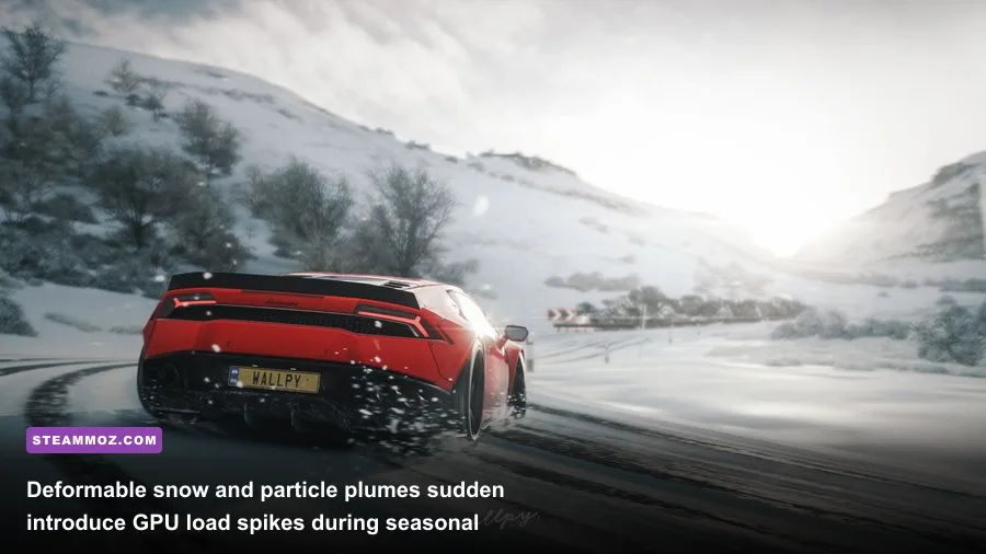 Sports car drifting through heavy snow during winter season in Forza Horizon 4