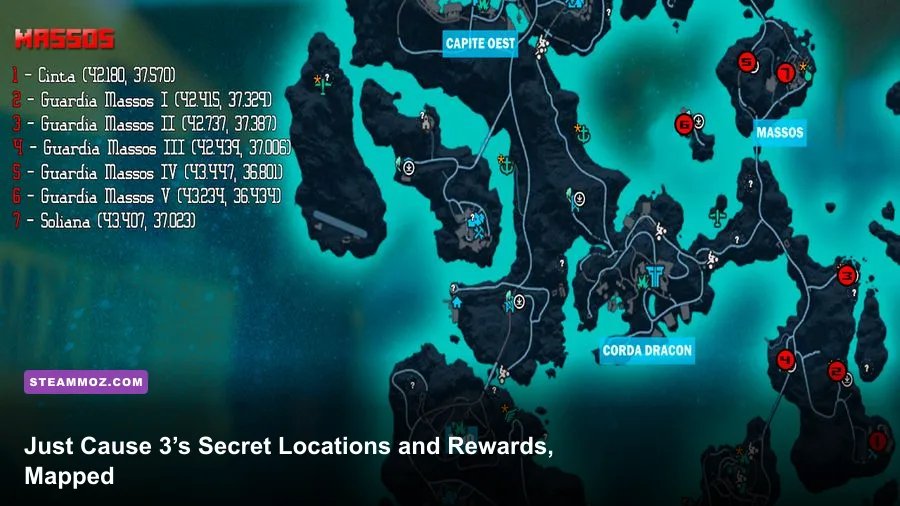 Just Cause 3 Medici map showing hidden locations and collectible areas