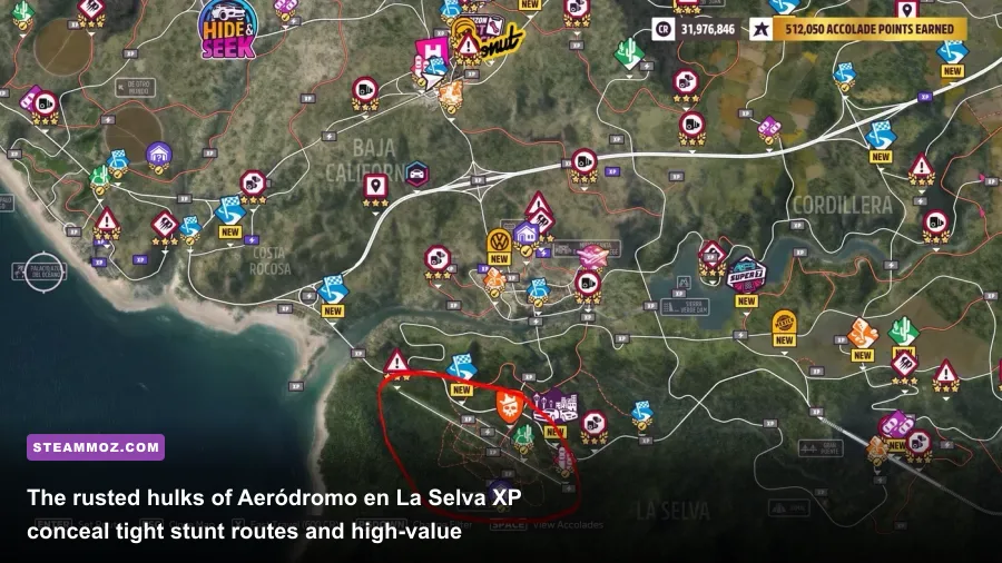 Abandoned airplane hangars and overgrown runways at Aerodromo en La Selva in Forza Horizon 5