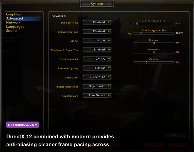 Advanced graphic settings interface in World of Warcraft displaying DirectX 12 and resolution scale