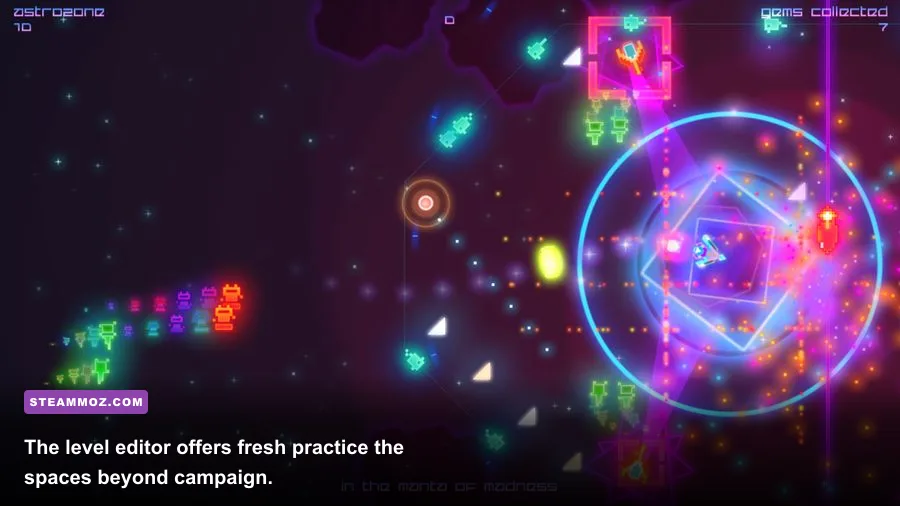 Death Ray Manta level editor showing a user-created neon stage
