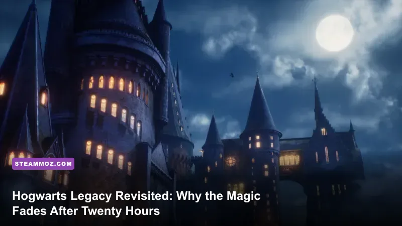 Hogwarts Legacy towering castle cliffs illuminated at night overlooking the Black Lake