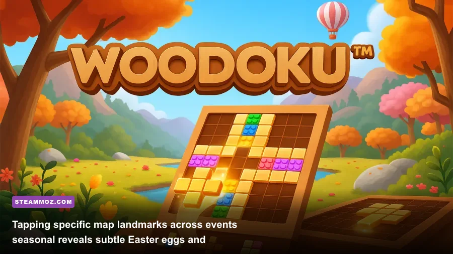 Woodoku seasonal event theme with interactive map landmarks and custom wooden tile textures
