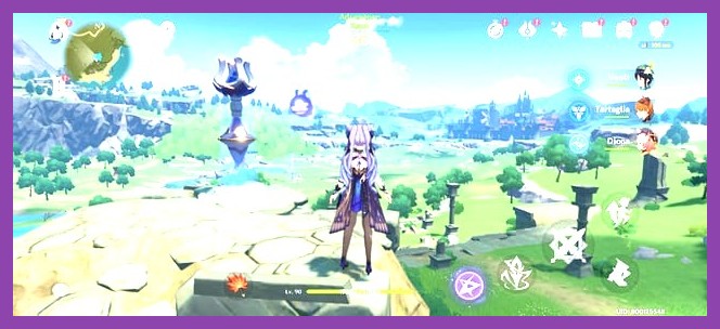 Genshin Impact character exploring colorful open world scenery on iPhone