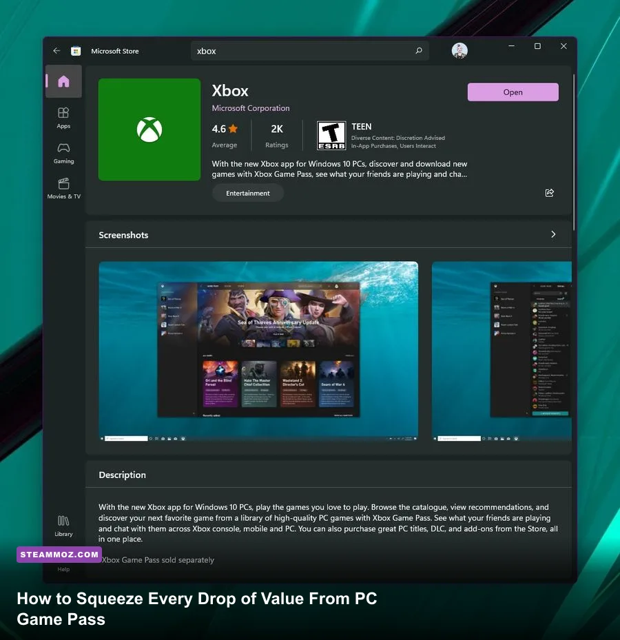 Xbox PC Game Pass application dashboard showing game library and subscription perks