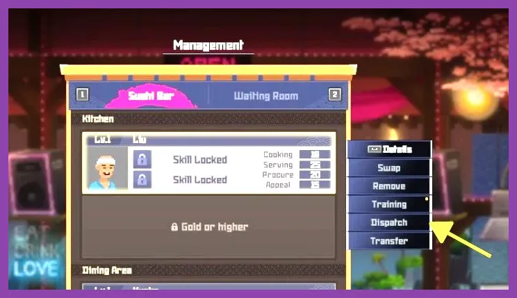 Bancho Sushi staff dispatch menu selecting ingredients and crafting components