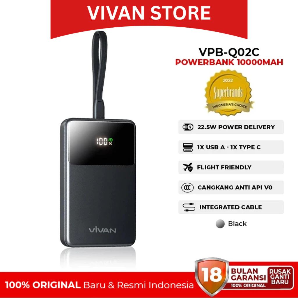 VIVAN VPB-Q02C Powerbank 10000 Mah 3 Output 22,5W Fast Charging