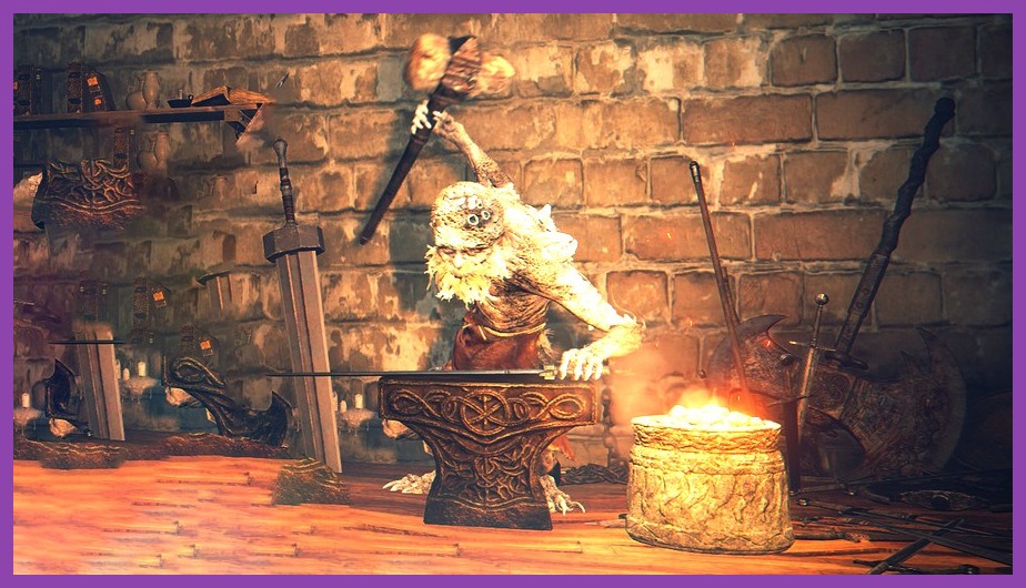 The Tarnished upgrading weapons at Master Hewg's anvil in Roundtable Hold