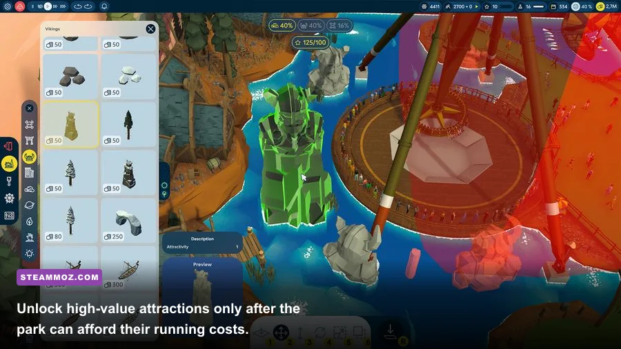 Indoorlands progression and unlock screen showing new attractions and management options