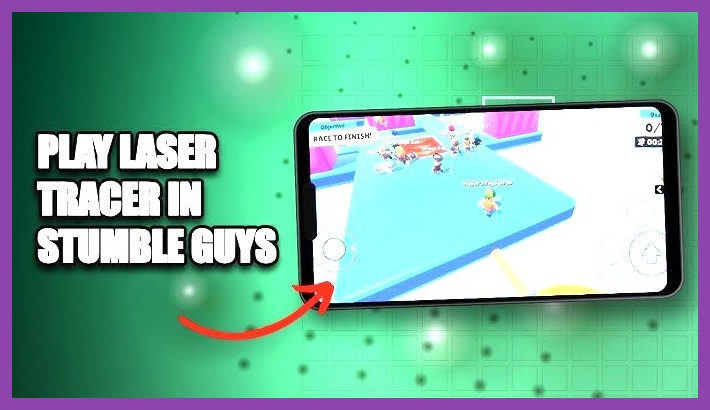 Stumble Guys characters jumping over rotating lasers in an arena