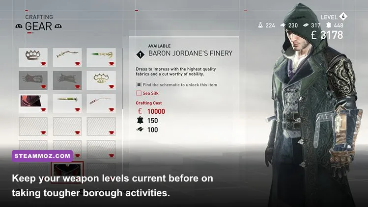 Assassin's Creed Syndicate gear inventory showing weapons and crafting materials