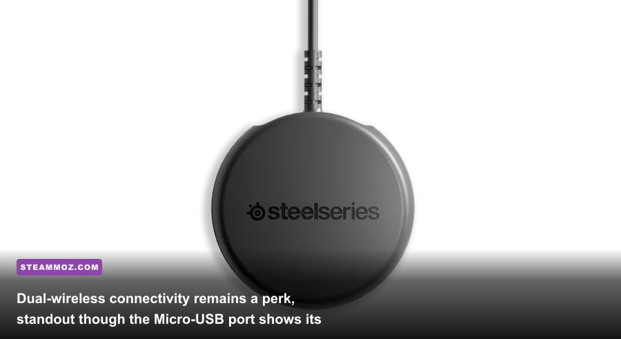 The Arctis 9 wireless transmitter base station and headset ports