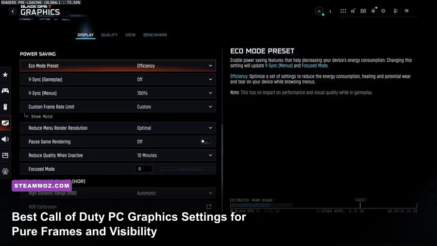 Call of Duty PC graphics settings menu showing performance metrics and frame rate