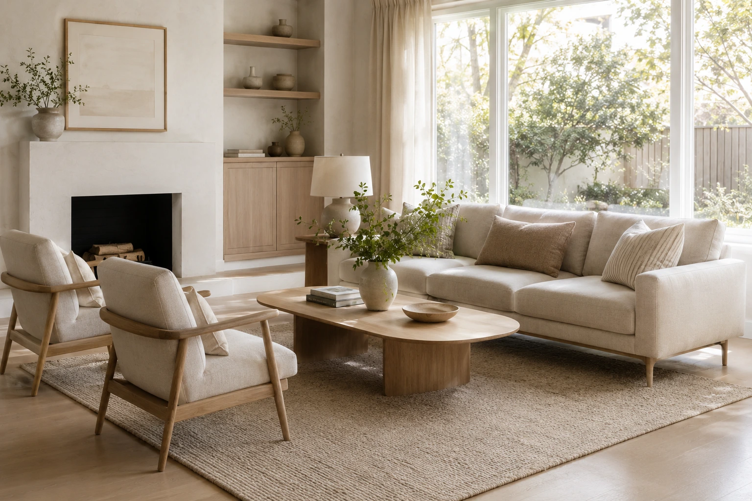 properly sized area rug placed under sofa and armchairs in living room