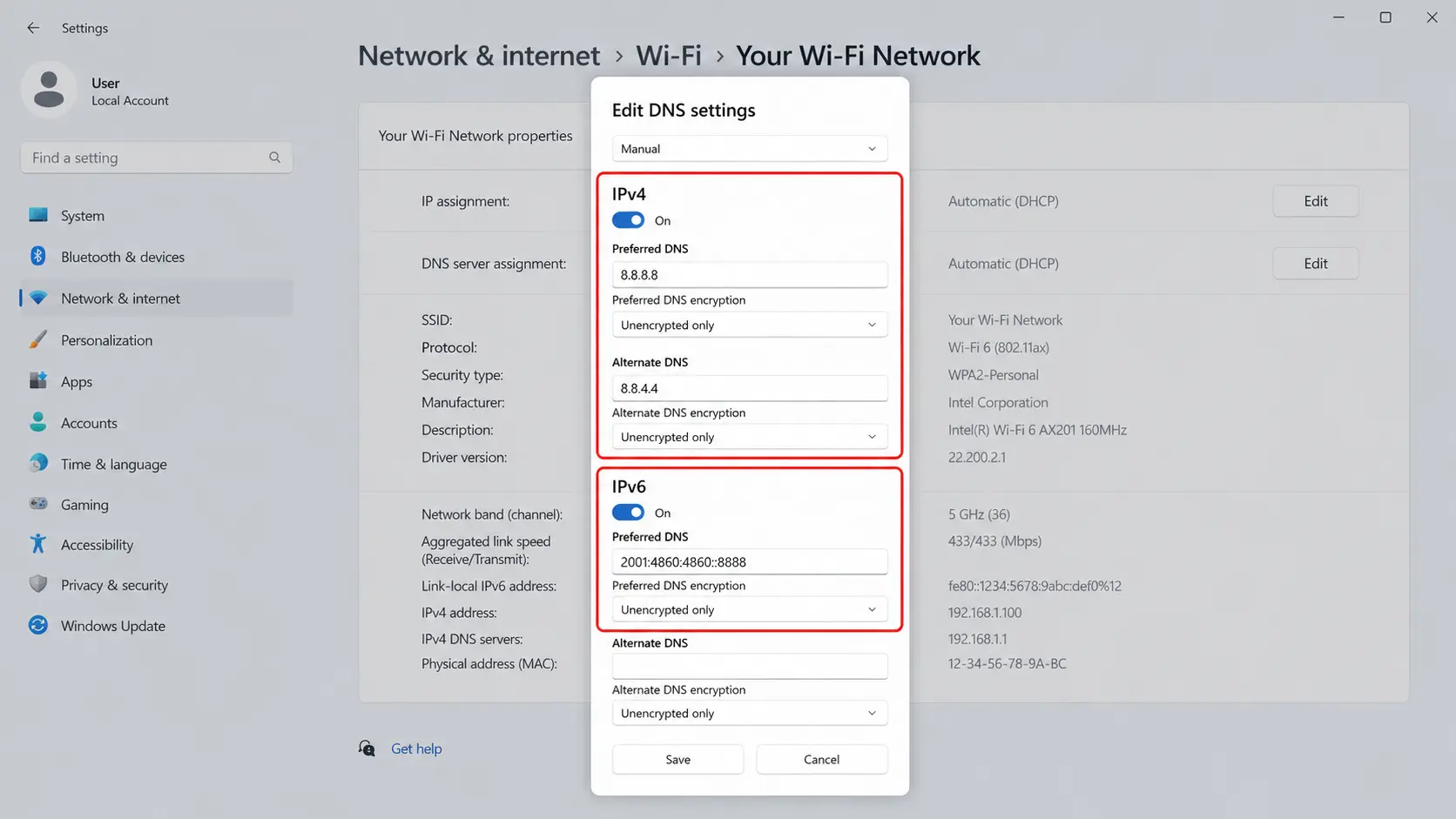 Windows 11 設定画面でIPv4 8.8.8.8とIPv6 2001:4860:4860::8888を手動で入力しDoHを有効化している例