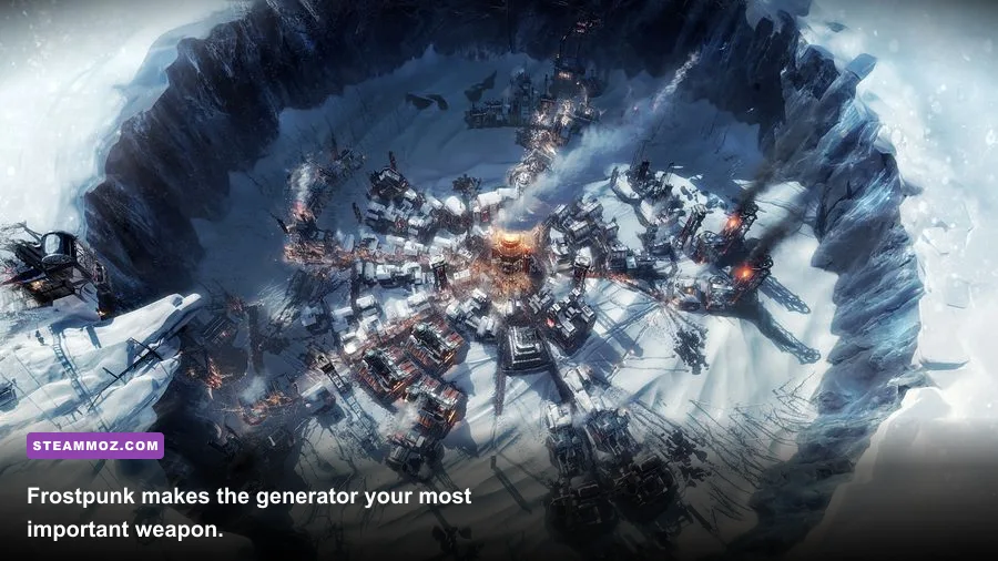 Frostpunk settlement surrounding a massive generator during a snowstorm