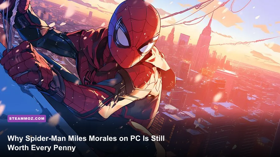 Miles Morales swinging through snow-covered Harlem during sunset on PC