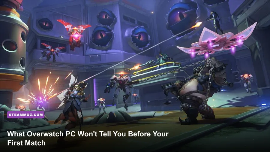 High-intensity team fight in Overwatch PC showcasing hero abilities and visual effects