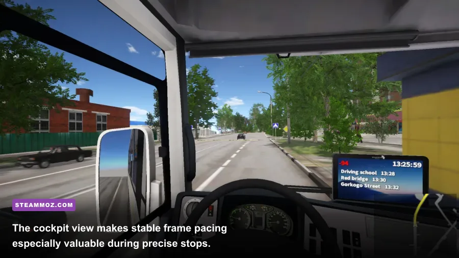 Bus Driver Simulator first-person bus cockpit view from the driver's seat