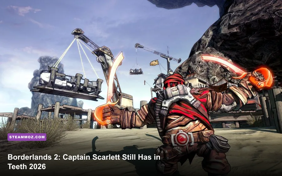 Captain Scarlett standing in the desert pirate world of Borderlands 2