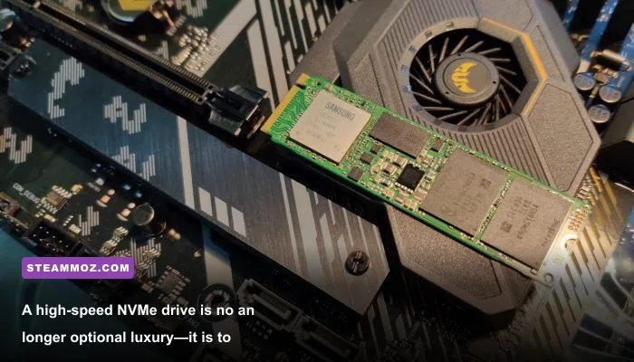 PCIe 4.0 NVMe SSD installed on motherboard illustrating DirectStorage requirements