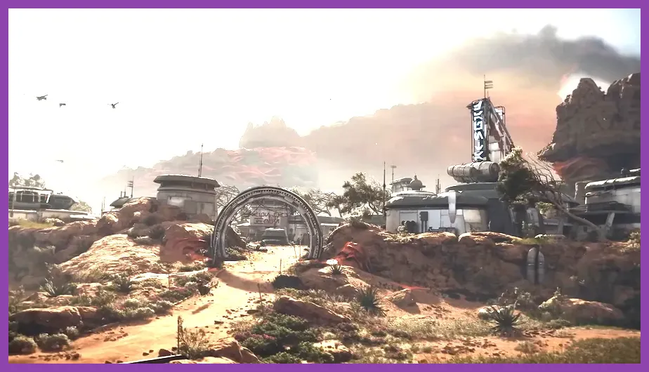 Star Wars Outlaws Toshara landscape with distant mountains and sunset lighting