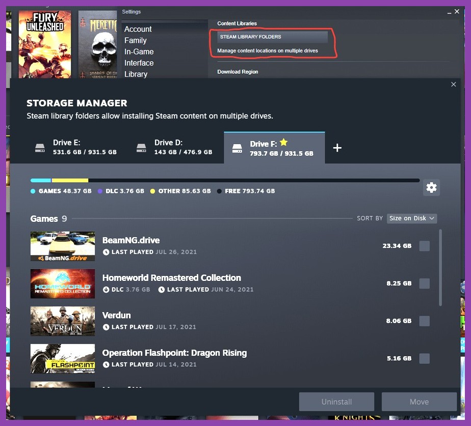Steam storage manager and clear download cache option