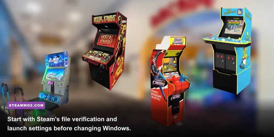 Arcade Spirits Steam gameplay showing the arcade floor and staff