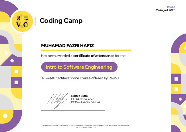 SERTIFIKAT PELATIHAN SOFTWARE ENGINEERING BY REVOU