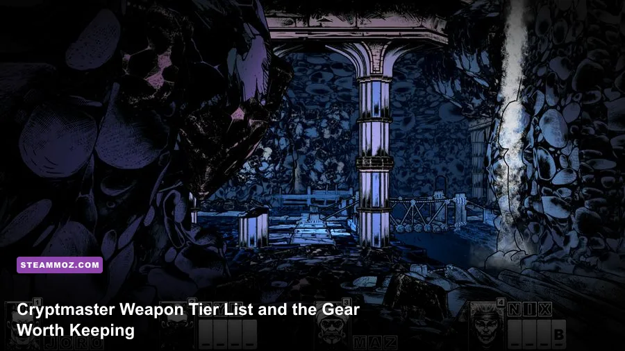 Cryptmaster party exploring a dark dungeon with weapons and equipment