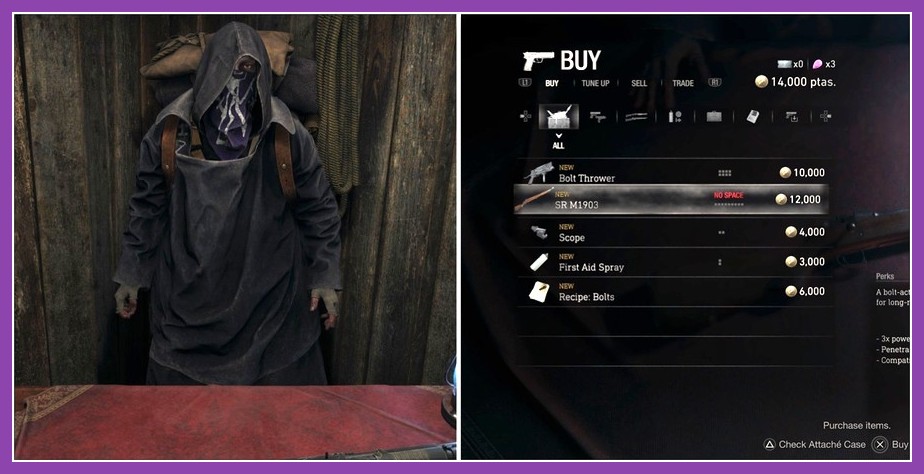 The Merchant's shop screen showing weapon upgrades